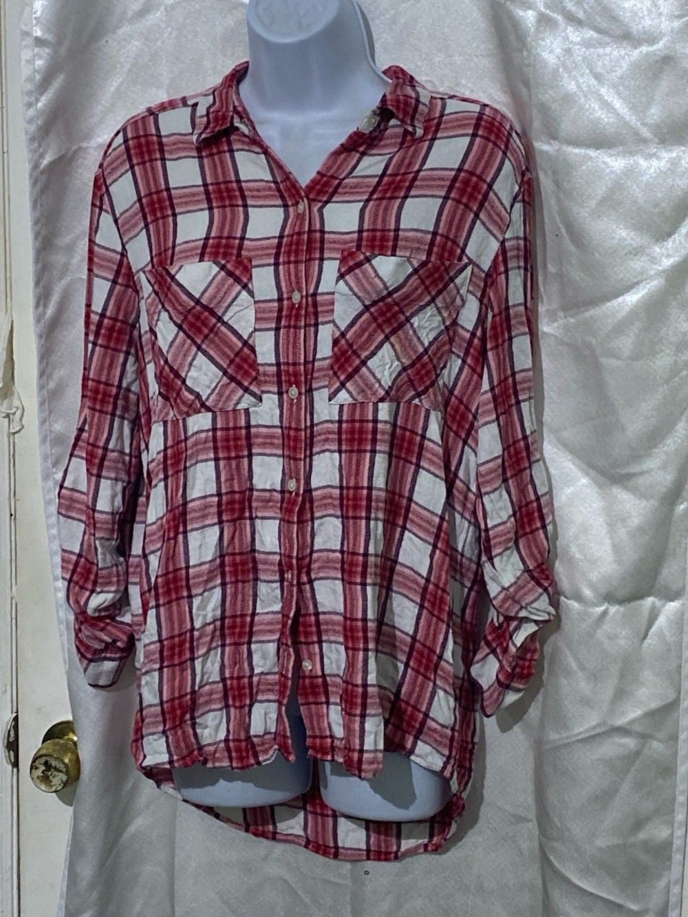 Express Red and White Plaid Button-Down Shirt